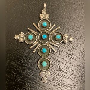 Vintage Native American Silver Cross Pendant with Turquoise Stones